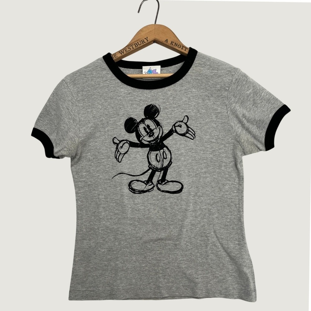 Vintage Disneyland Mickey Mouse Gray Ringer Graphic T-Shirt Womens XL Made USA